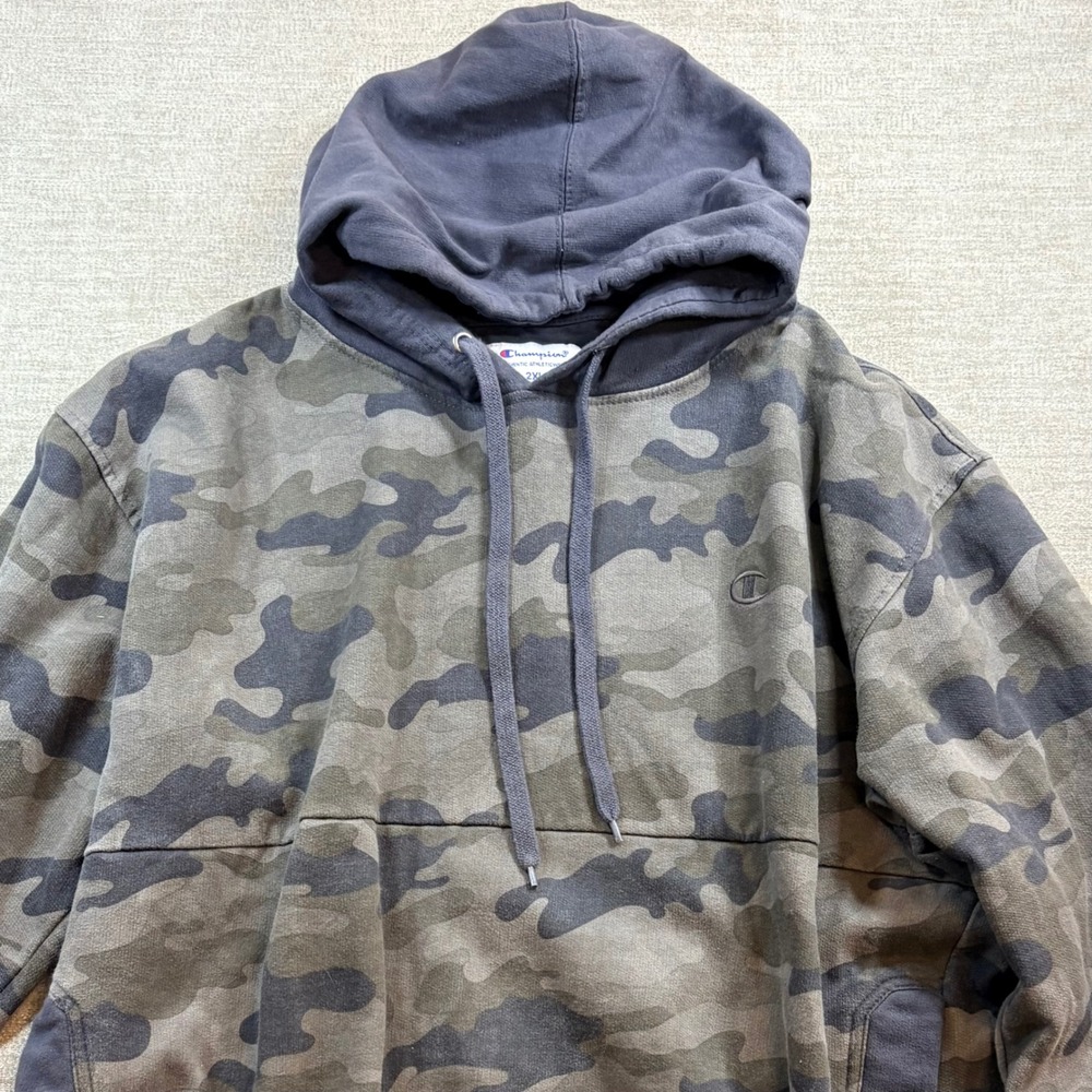 Champion Allover Print Camo Pullover Oversized Hoodie 2XL Grunge Gorpcore Y2K